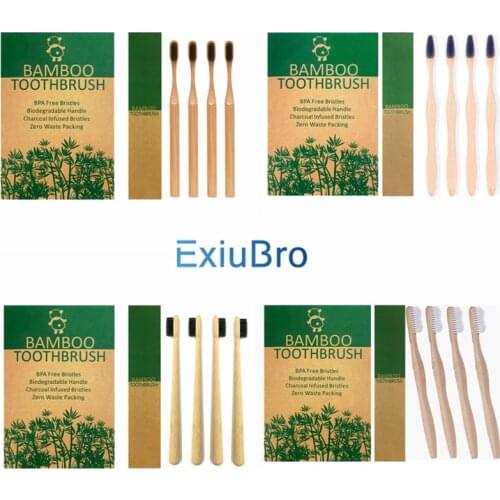 Pack of 4 Natural Biodegradable Bamboo Toothbrush Organic Eco Friendly Bamboo Teeth Brush Vegan Compostable Wooden Bambu Bristle