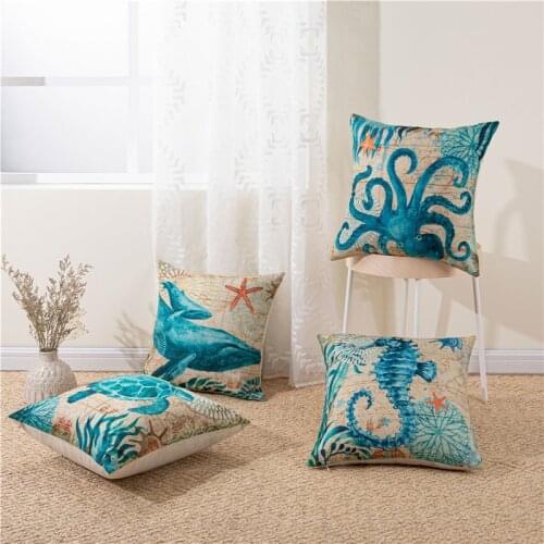 Sea Turtle Fish Printed Cushion Covers Decorative Pillow Cases Cotton Linen Throw Covers Pillows for Home Decor Sofa Chair 45X45