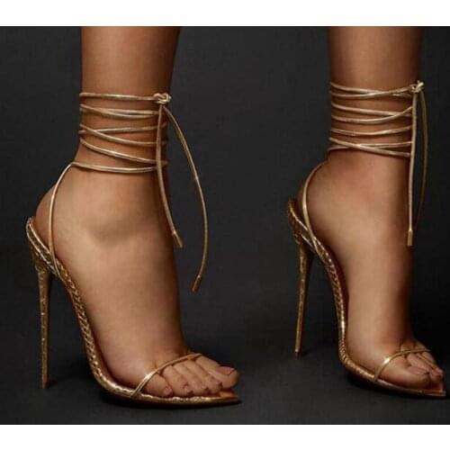 Newest Sexy Woman Gold Python Narrow Bands Lace Up Sandals Female Pointed Toe Stiletto Heels Party High Heel Sandals Shoes
