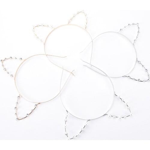 1pc Fashion cute Cat Ears Pearl Rhinestone Women Girls Alloy Headband Hair Band length: 14cm