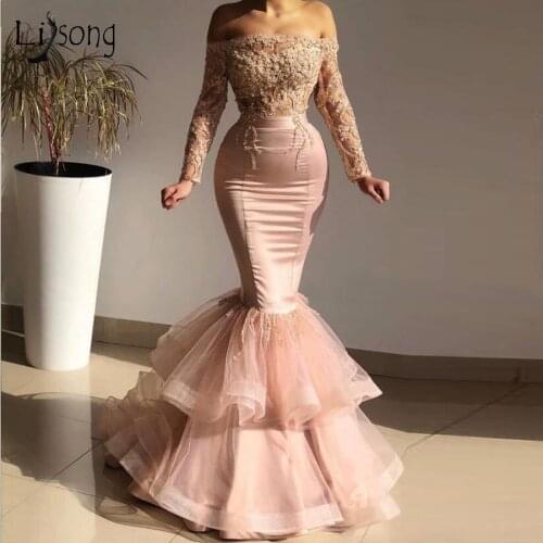 Charming Pink Appliques Lace Mermaid Prom Dresses 2020 Full Sleeves Prom Gowns Ruffles Tutu Bottom Formal Dress Off The Shoulder