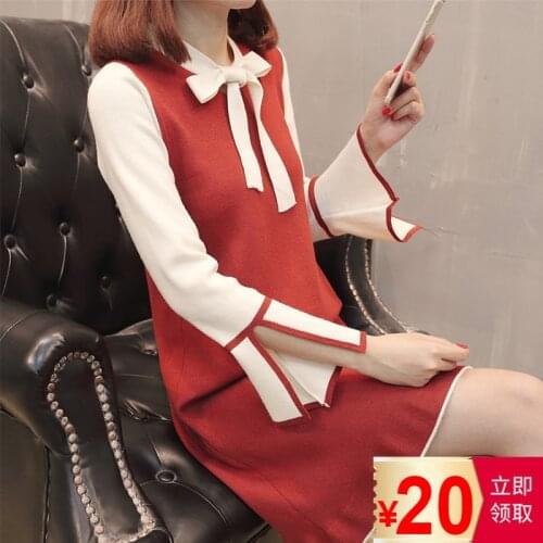 Autumn Loose Dresses Female Students Long-sleeved Butterfly Knot Horn Sleeve Colour Colour College Winter and Autumn