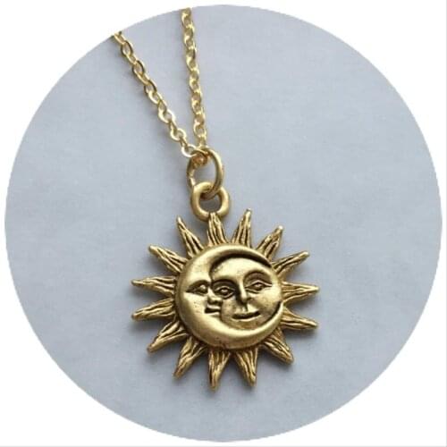 Vintage Sun and Moon Pewter Charm Celestial Dainty Necklace For Women Boho Jewelry Stainless Steel Statemtent Necklace Collier