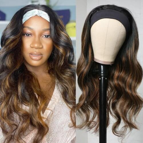 UNice Hair Headband Wig Human Hair Glueless Body Wave Wig Chocolate Brown Balayage Highlight Human Hair Wigs Beginner Friendly