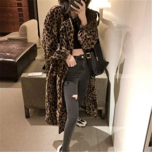 Sexy Leopard Print Windbreaker Women Autumn Korean Casual Loose Mid-Length Thin Trench For Female Overalls Overcoat Lady