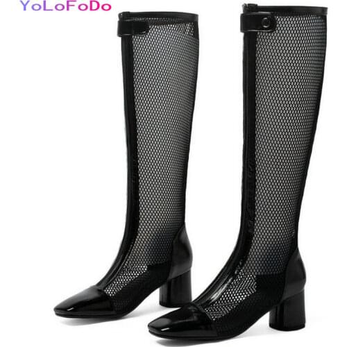 Plus Size 34-43 Summer Women Knee High Boots Mesh Women Thick Heel Boots Fashion Square Toe Party Womens Shoes PU Leather 2021