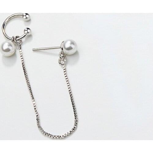 A Girl' New Pearl Dangle Earrings U Shape 1 Pcs Unique Double Cuff Earrings Chain for Women Girl Gift