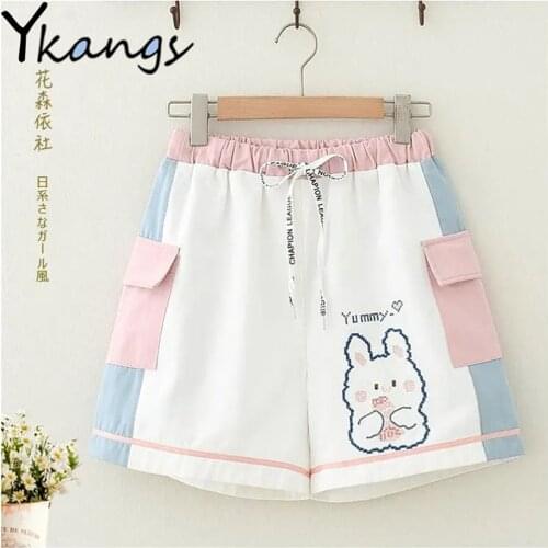 Harajuku Kawaii Maiden Rabbit Embroidery Sweet Shorts Elastic Waist Casual Pants Summer New Preppy Style Pink Pocket Short Pants
