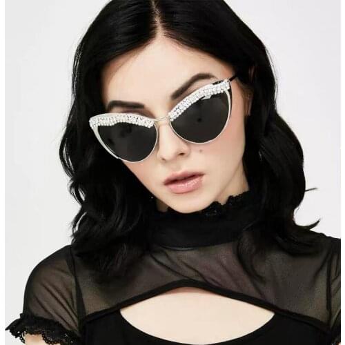 Retro Luxury Small Diamond Cat Eye Sunglasses Woman Rhinestone Alloy Frame Glasses 2021