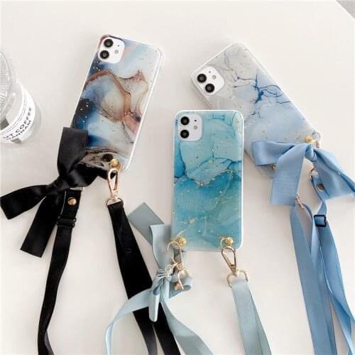 Stylish Gold Leaf Marble Phone Case For iPhone 11 Pro XS MAX 7 8 Plus XR SE20 Soft Geometric Lattice With Lanyard Bow Back Cover