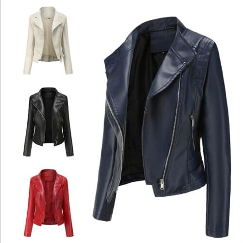 2021 Leather Jacket Women Zippers Spring Autumn Womens PU Leather Jacket Mandarin Collar Red Motor Biker Coat Female Oversized