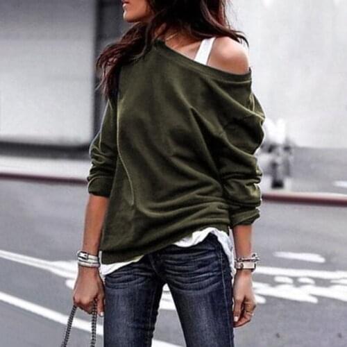 Womens One Shouder Casual Soft Long Sleeve Solid Loose T-Shirt Cotton Tops New Autumn Fashion Shirts Streetwear Sale