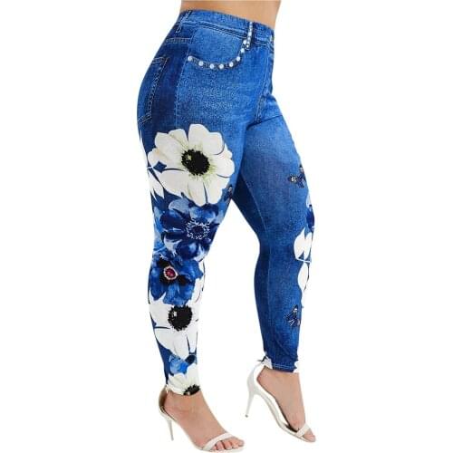 5XL Plus Size Leggings Women Casual Printed False Denim Yoga Pant Jeans Leggings Elasticity Slim Cropped Pants High Waist Tights