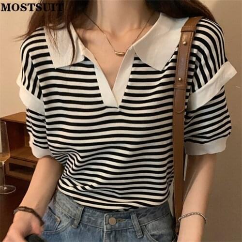 Korean Knitted Pullover Sweater Women Short Sleeve V-neck Tops Knitwear Casual Fashion Ladies Jumpers Femme