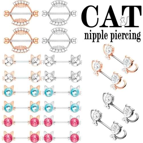 2pc Cat Nipple Ring Piercing Barbell Stainless Steel Nipple Bar Shield for Women Sexy Crystal Body Breast Jewelry Rings Gift 14G