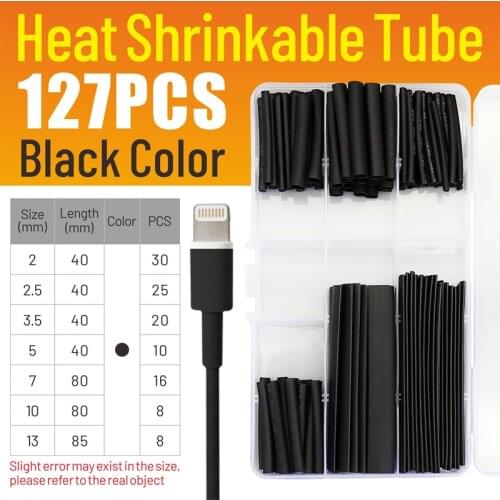 127PCS Heat Shrink Sleeving Tube 2:1Polyolefin Shrinkage Electrical Connection Wire Wrap Cable Waterproof Black Color