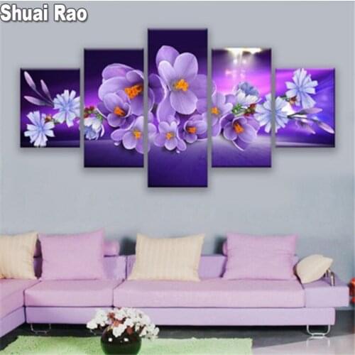 5d diamond painting 5pcs Purple orchid Wall Art Picture diamond mosaic full square round drill diamond embroidery sale
