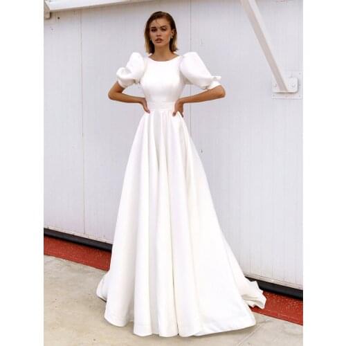 Satin Short Lantern Sleeves Wedding Dress Simple Round Neck Waist Cinching Minimalist Mini Bridal Gowns Hollow Back Buttons 2021