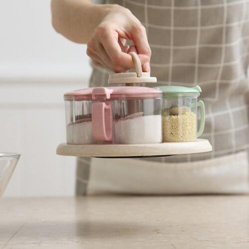 Spices Condiment Case Storage Box Seasoning Box Wheat Straw Lid Seasoning Multi-function Lucency Kitchen Tool Cruet Castor Set