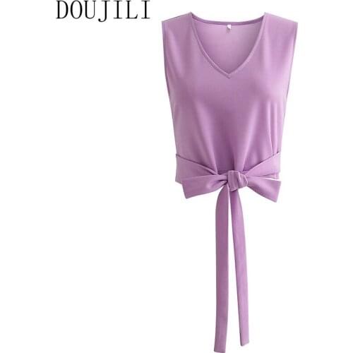 DOUJILI Hot Summer Top Tees Solid Color Short Sleeve V Neck Waist With Strap Purple Tops For Women