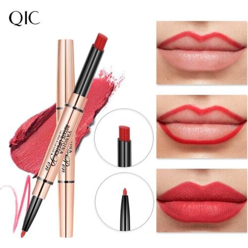 QIC Double Headed 2 in 1 Lipstick Waterproof Matte Lip Liner Pen Long Lasting 6 Colors Easy Lip Makeup