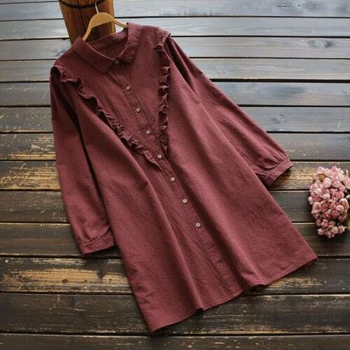 Cotton Linen 100% Women Long Shirts Summer Vintage Ruffles Long-Sleeved Loose Casual All Match Female Outwear Tops