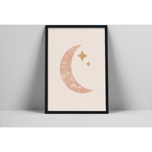 Night Sky Art Print | Pink Moon Poster | Printable Crescent Moon Art | Minimalist Moon Poster | Stars In Sky Poster | Warm Col