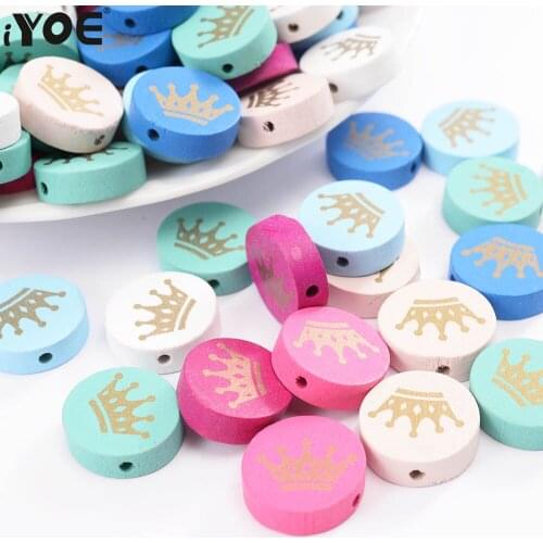 IYOE 30pcs/Lot 18x19mm Natural Wood Beads Gold Color Crown Printing Spacer Jewelry Beads For DIY Craft Keychain Photo Frame