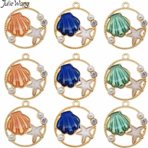 Julie Wang 12pcs Round Enamel Ocean Type Shell Pendant Starfish Bracelet DIY Earring Accessories Jewelry Making 28*25mm