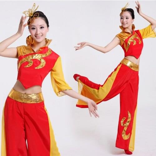 Pluse Size Chinese Classical Dance Costumes Yangko Dance Group Dancing Performance Wear Female National Dance Drum Costume 16