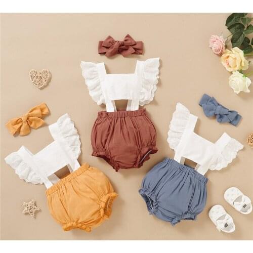 0-18M Summer Toddler Baby Kid Girls Ruffles Sleeveless Backless Rompers Jumpsuits with Headband Infant Baby Girls Cotton Outfits