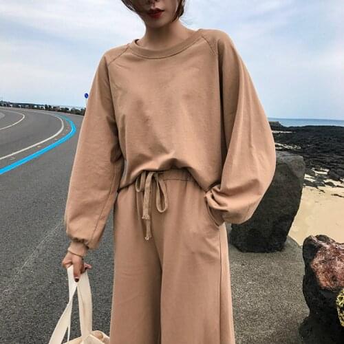 Women Autumn Khaki Casual Tracksuits Cotton 2 Two Piece Set Round Collar Sweatshirt with High Waist Wide Leg Pants Sweatpants
