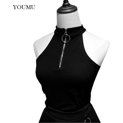 Women High Collar Tank Top Zip Up Camisole Gothic Punk Vest Sleeveless Harajuku Girl Retro Tops 226-104
