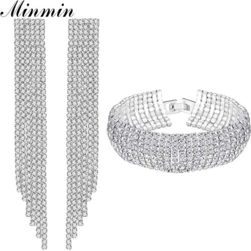 Minmin Silver Color Crystal Long Tassel Wedding Jewelry Set for Women Luxury Sparkling Bridal Earrings Bracelet Set MEH424+SL341
