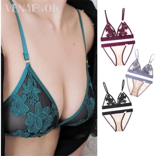 2020 Fashion Flowers Embroidery See Through Bra Lace Blue Sexy Underwear Sets Plus Size XL L Transparent Bras Women Lingerie Set