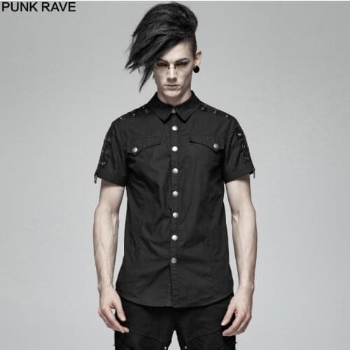 PUNK RAVE New Steampunk Mens Short Sleeve Black Twill Shirt Shoulder with Large Eyelet Decoration Mens Dress Shirts Harujuku