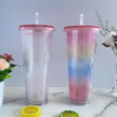 New Fashion Creative Double Rainbow Color Changing Cup 710ml / 24oz Men Women Straw Plastic Color Changing Cup Home & Garden