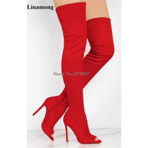 New Fashion Women Open Toe Red Black Suede Leather Over Knee Gladiator Boots Cut-out Thigh High Bandage High Heel Boots