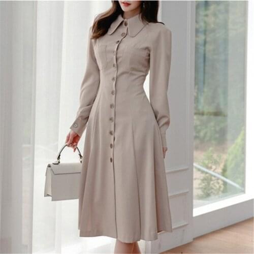 2020 Autumn New Korean Womens Temperament Slim Fashion Windbreaker-Style Single-Breasted Big Swing Dress