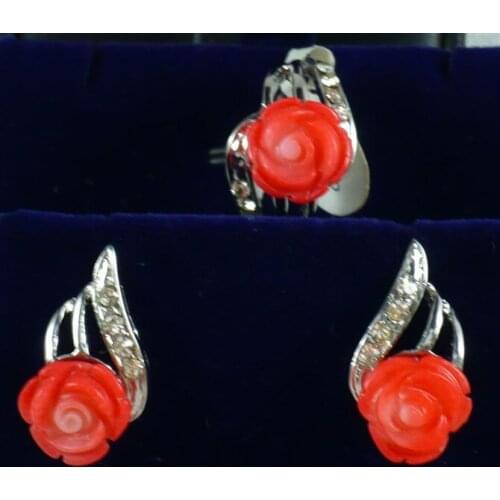 Prett Lovely Womens Wedding wholesale red stone flower stud earring and pendant jewelry set