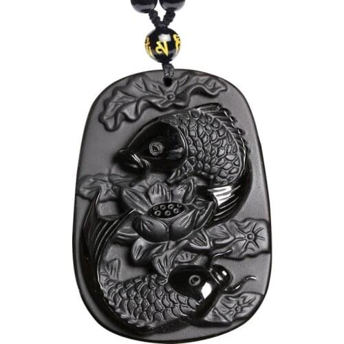 RongDe Drop Shipping Fine carving Obsidian two fish and lotus black Obsidian pendant mens jewelry