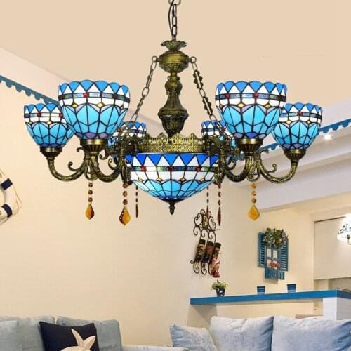 Tiffany Baroque Mediterranean Stained Glass Suspended Luminaire E27 110-240V Chain Pendant lights for Home Parlor Dining Room