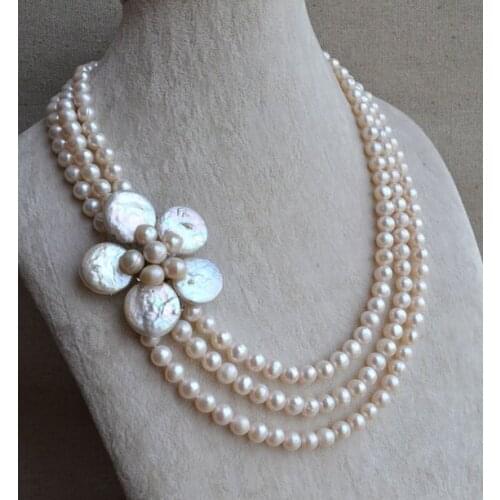 Pearl Necklace New Luck Jewelry Store Wedding Flower Necklace Triple Rows 7-8mm White Round Pearls Coin Freshwater Pearl Jewelry