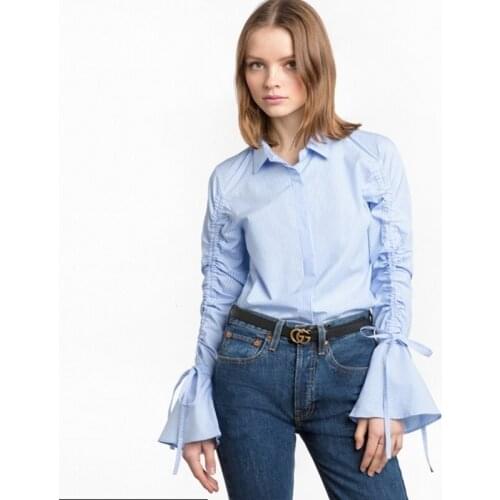 WOMEN SUMMER CASUAL PREPPY STREET CUTE STRIPED SHIRT RUFFLES FOLD BANDAGE HIDDEN DIACOUNT FLARE SLEEVE H-LINE ZL099