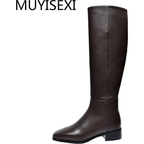 Boots Military Square Toe 3cm Low Square Heel Shoes Womens Winter Knee High Boots Genuine Leather Brown Black XL13 MUYISEXI