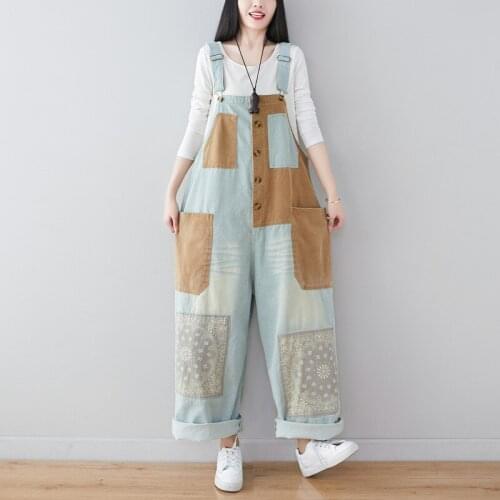 Johnature Women Vintage Jumpsuits Patchwork Color Denim Cotton 2021 Spring New Loose Female Clothes Korean Style Jumpsuits