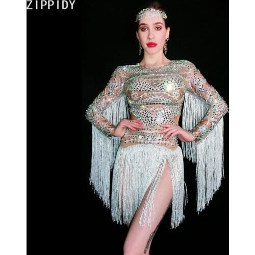 Flashing Silver Rhinestone White Fringe Bodysuit Women Latin Dance Spandex Wear Birthday Celebrate Evening Outfit