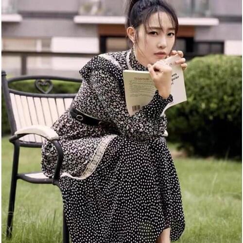 Quality Black Polka High Dot Printed Lace Stand Collar Women Celeberity Spring Autumn Vintage Elegant Long Dresses 2021 vestdios
