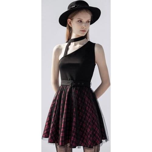 PUNKRAVE Womens Plaid Dresses Classic Fashion Personality Slant Shoulder Neckline Daily Short Dress
