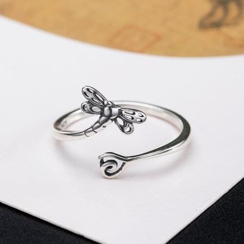 VLA 925 Silver Retro Personality Hollowed Out Dragonfly Ring Womens Punk Exaggerated Insect Ring Adjustable Accessories